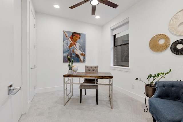 office area featuring baseboards, ceiling fan, recessed lighting, and light colored carpet