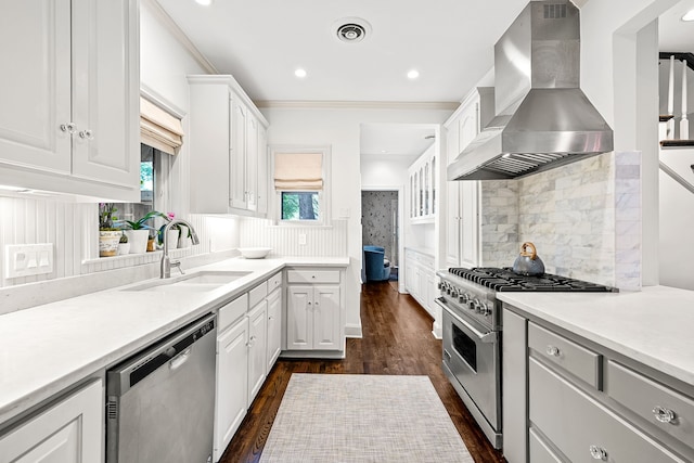 kitchen featuring dark wood-style flooring, a sink, wall chimney exhaust hood, stainless steel appliances, and tasteful backsplash