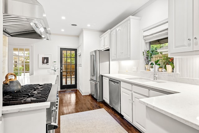 kitchen with exhaust hood, dark wood-style flooring, appliances with stainless steel finishes, a sink, and white cabinetry