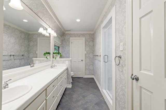full bath featuring visible vents, double vanity, toilet, a sink, and a stall shower