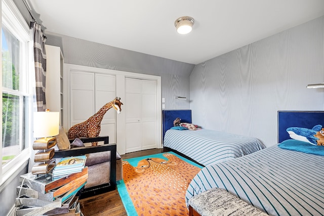 bedroom featuring dark wood-style floors and a closet