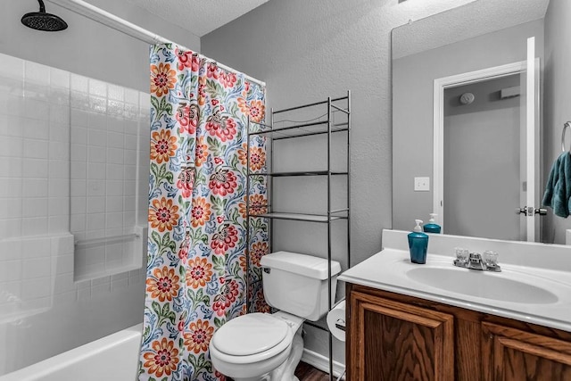 full bathroom featuring a textured wall, vanity, toilet, a textured ceiling, and shower / bath combination with curtain