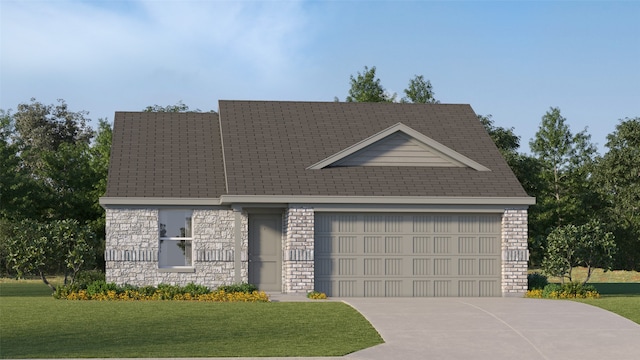 view of front of home with driveway, roof with shingles, a garage, a front lawn, and stone siding
