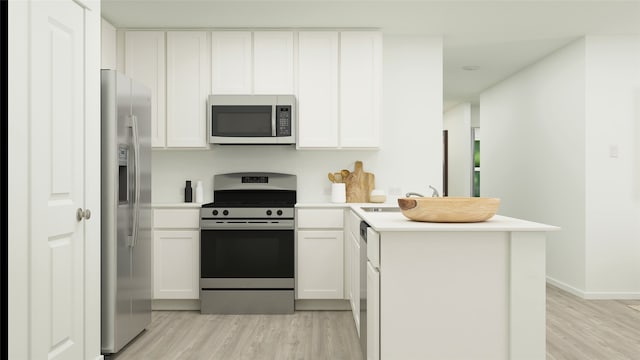 kitchen featuring light wood-type flooring, a peninsula, white cabinets, and stainless steel appliances
