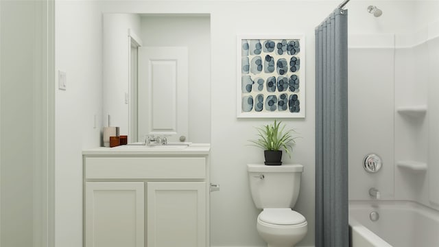 full bath with vanity, shower / bath combo, and toilet