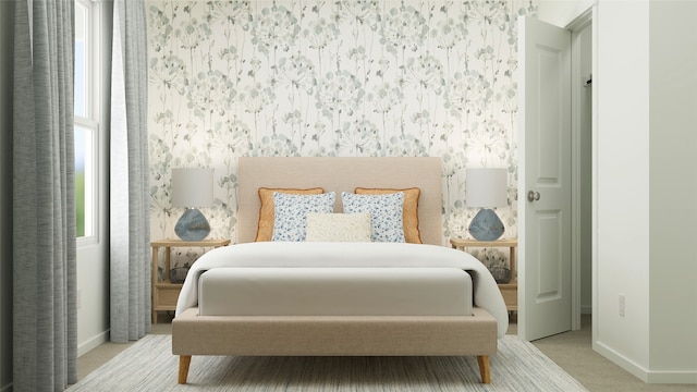 bedroom featuring baseboards, multiple windows, carpet flooring, and wallpapered walls
