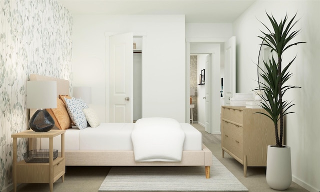 bedroom with baseboards and wallpapered walls
