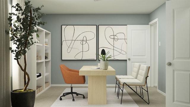 home office featuring carpet flooring and baseboards