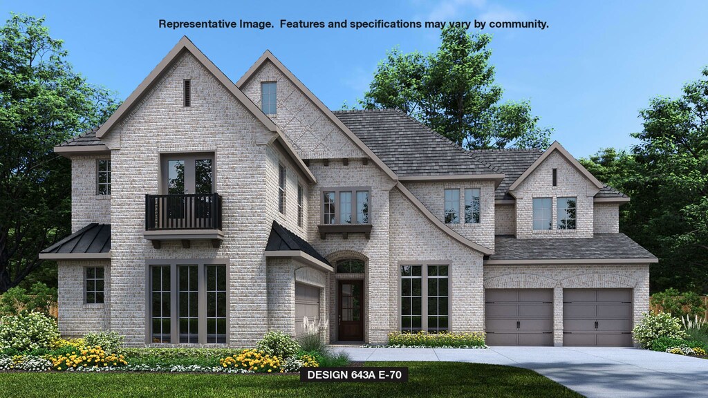 716 Bear Creek Dr, Hurst, TX 76054 - view of front facade with a balcony, a standing seam roof, brick siding, an attached garage, and driveway