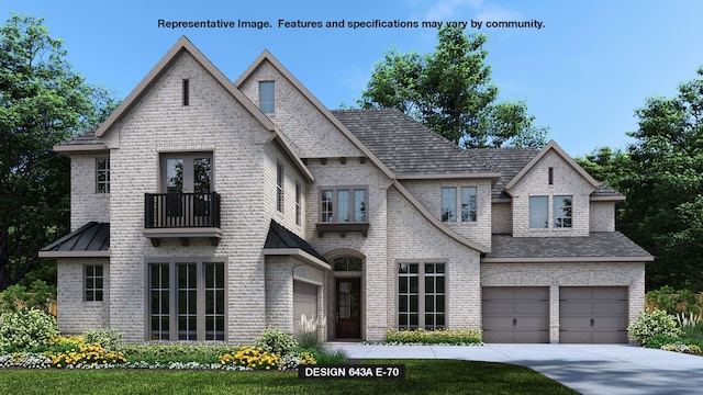 716 Bear Creek Dr, Hurst, TX 76054 - view of front facade with a balcony, a standing seam roof, brick siding, an attached garage, and driveway
