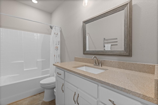 bathroom with toilet, shower / bathtub combination with curtain, and vanity