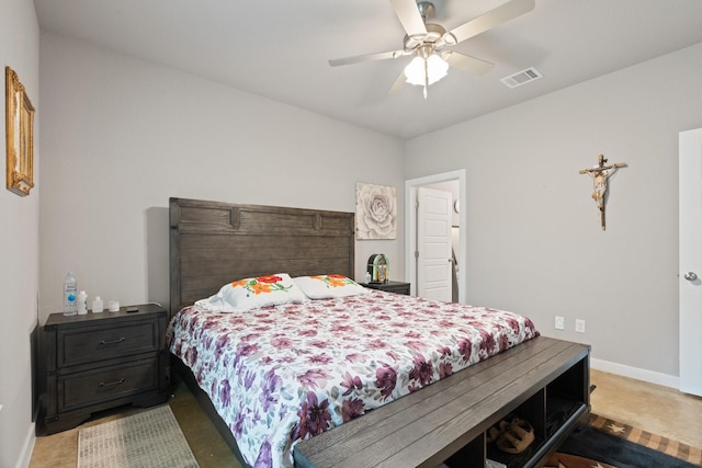 bedroom featuring a ceiling fan, baseboards, and visible vents
