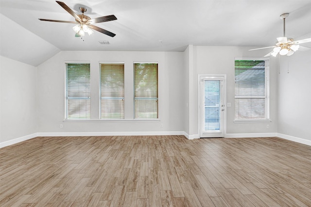 unfurnished living room with baseboards, ceiling fan, light wood-type flooring, and visible vents