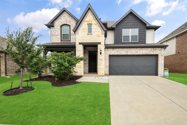 view of front of house featuring concrete driveway, an attached garage, and a front lawn