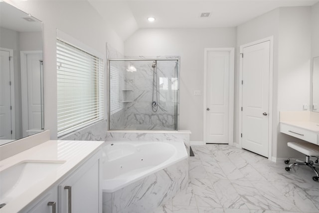bathroom featuring vanity, a marble finish shower, marble finish floor, a whirlpool tub, and visible vents