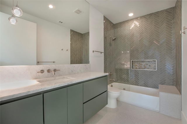 full bath featuring visible vents, vanity, toilet, recessed lighting, and shower / bath combination