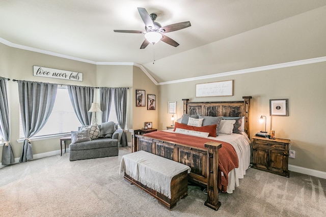 126 Esther Ct, Millsap, TX 76066 - bedroom featuring a ceiling fan, crown molding, vaulted ceiling, carpet floors, and baseboards
