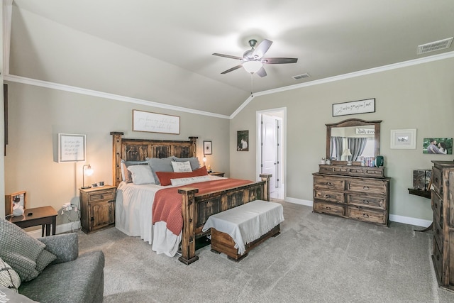 126 Esther Ct, Millsap, TX 76066 - carpeted bedroom featuring baseboards, ornamental molding, vaulted ceiling, and visible vents