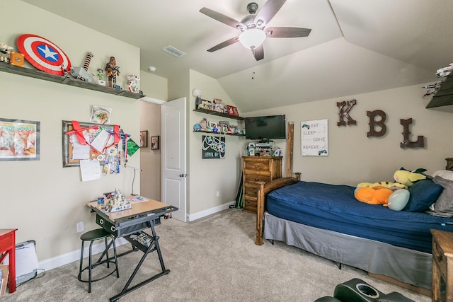 126 Esther Ct, Millsap, TX 76066 - bedroom with ceiling fan, light colored carpet, visible vents, vaulted ceiling, and baseboards