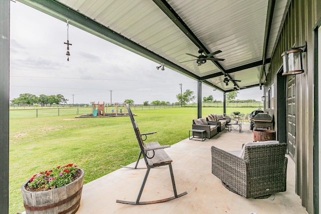 126 Esther Ct, Millsap, TX 76066 - view of patio featuring a ceiling fan, fence, a playground, outdoor lounge area, and a grill