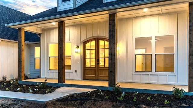 1900 County Road 1255, Savoy, TX 75479 - doorway to property featuring covered porch, board and batten siding, french doors, and roof with shingles