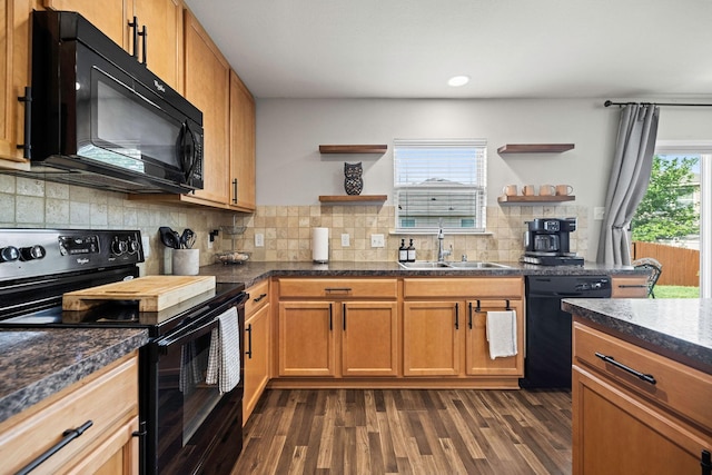 6336 Maritime St, Fort Worth, TX 76179 - kitchen featuring black appliances, open shelves, a sink, dark wood-type flooring, and recessed lighting
