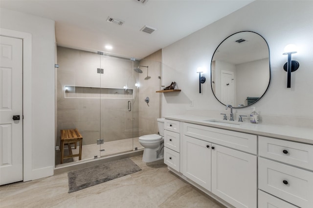 full bathroom featuring visible vents, a shower stall, toilet, and vanity