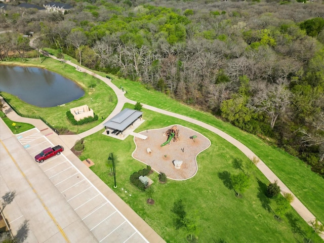 drone / aerial view featuring a water view