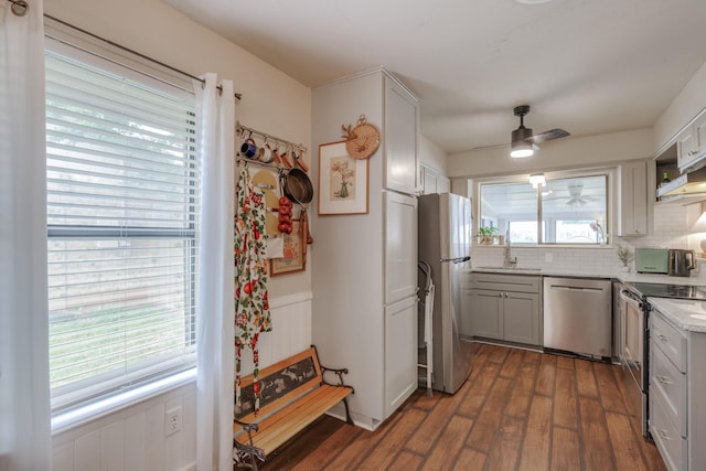 kitchen featuring dark wood-style flooring, ceiling fan, tasteful backsplash, a sink, and appliances with stainless steel finishes