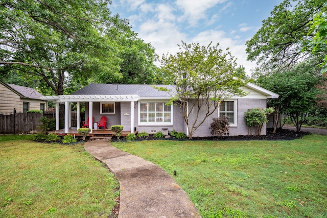 ranch-style house with fence, a pergola, a front lawn, and brick siding