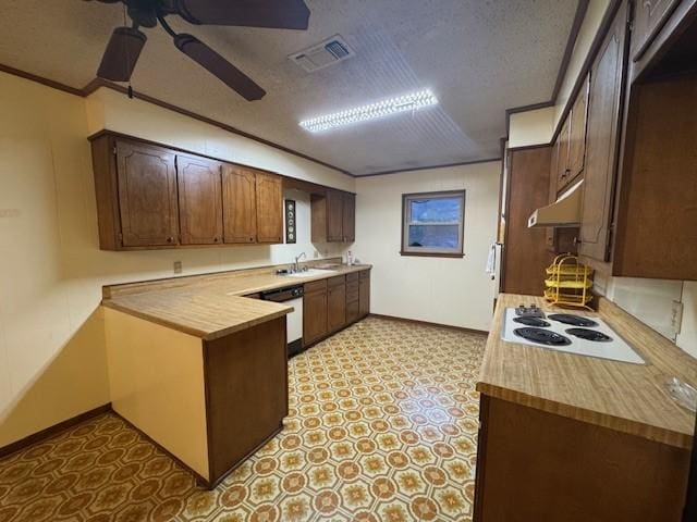 kitchen with a peninsula, white appliances, ceiling fan, under cabinet range hood, and a sink