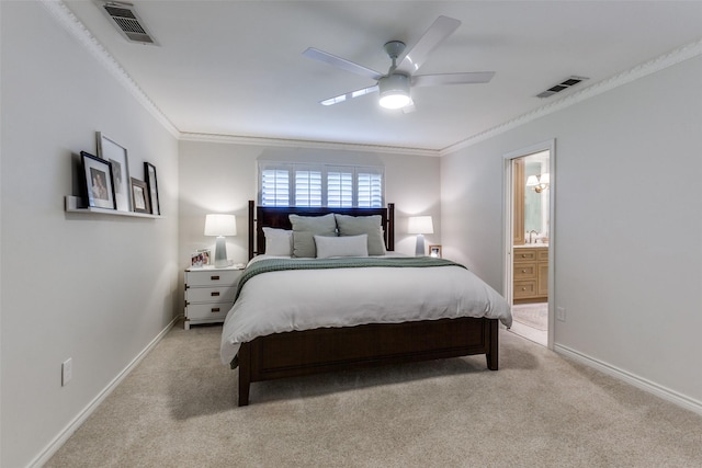 bedroom with light colored carpet, baseboards, visible vents, and ornamental molding