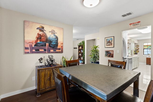 dining room with baseboards, dark wood-style floors, and visible vents