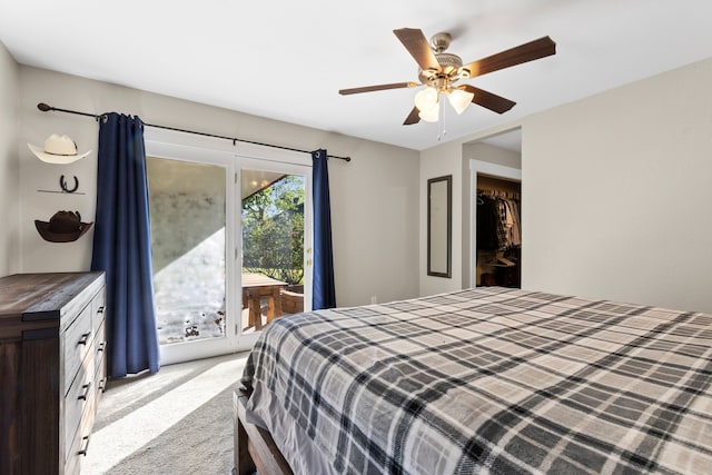 bedroom featuring carpet floors, ceiling fan, and access to exterior
