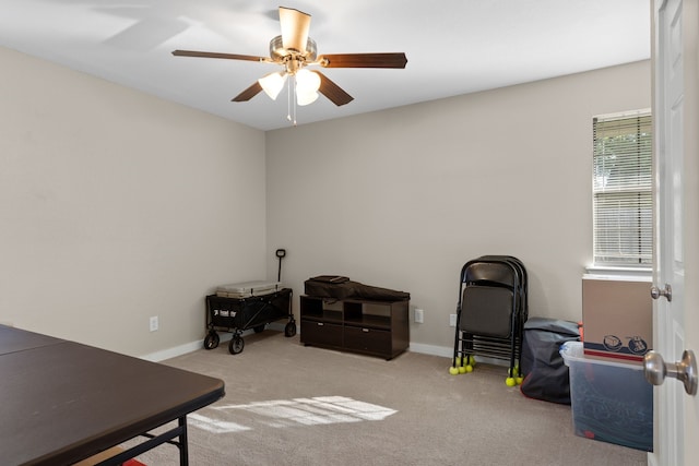 interior space with ceiling fan, baseboards, and carpet