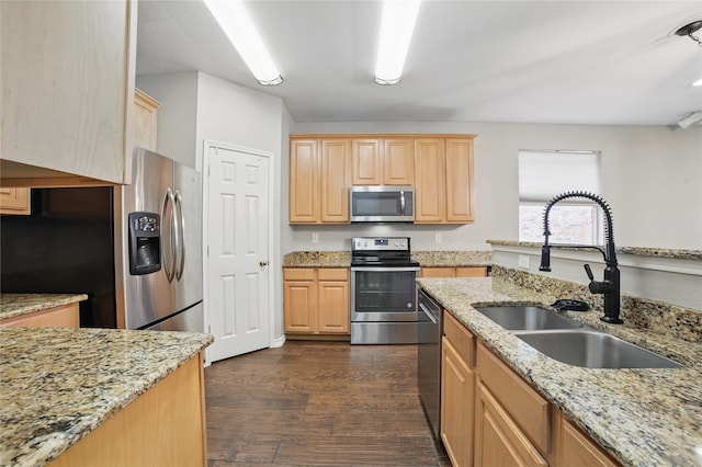 kitchen with light brown cabinets, light stone countertops, dark wood-style floors, a sink, and stainless steel appliances