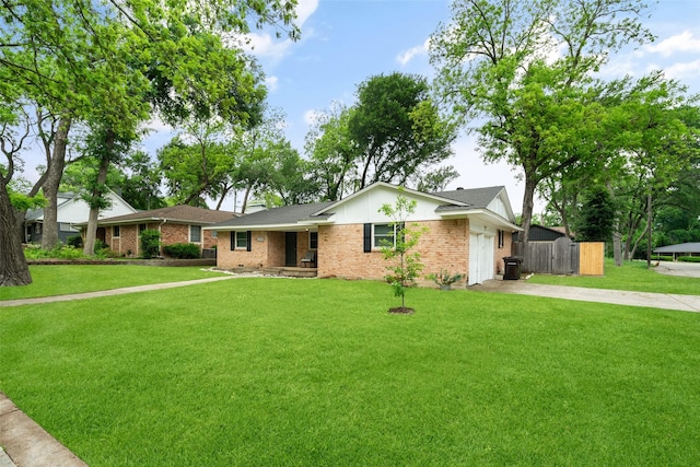 single story home featuring concrete driveway, brick siding, fence, and a garage