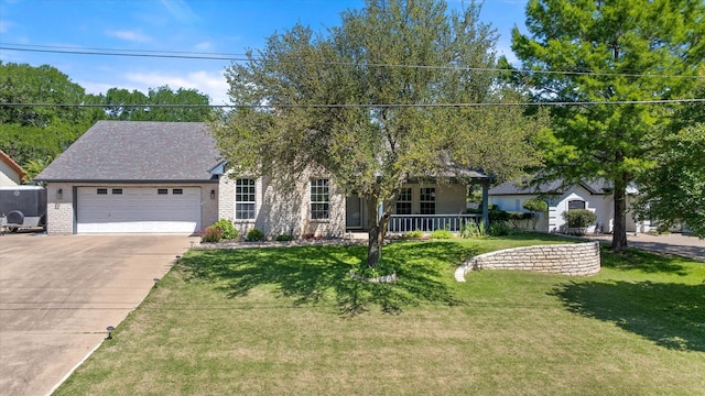 6510 Circo Dr, Granbury, TX 76049 - view of front of property with concrete driveway, a porch, a front lawn, a garage, and brick siding