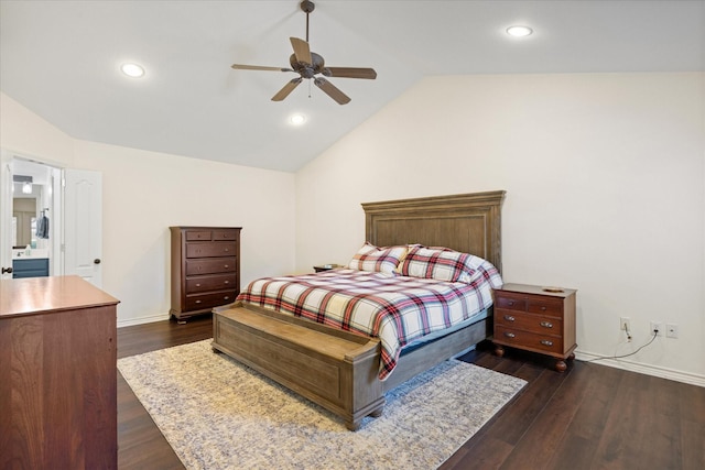 6510 Circo Dr, Granbury, TX 76049 - bedroom featuring lofted ceiling, dark wood-type flooring, recessed lighting, a ceiling fan, and baseboards