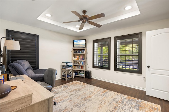 6510 Circo Dr, Granbury, TX 76049 - home office with a tray ceiling, recessed lighting, baseboards, a ceiling fan, and dark wood finished floors