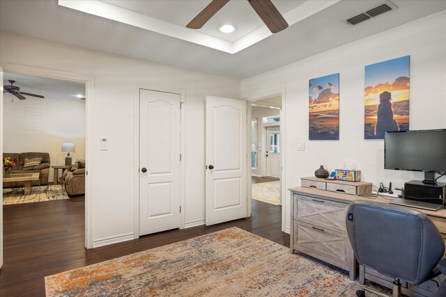 6510 Circo Dr, Granbury, TX 76049 - office featuring a ceiling fan, dark wood-style floors, recessed lighting, and a tray ceiling