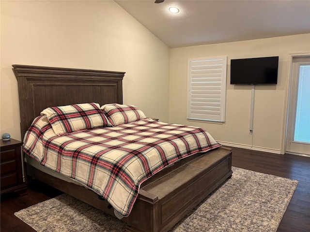 bedroom with dark wood-type flooring, baseboards, lofted ceiling, and recessed lighting