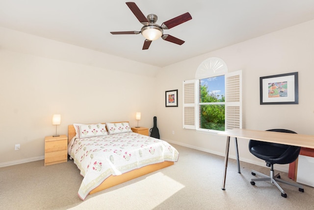 bedroom with carpet floors, baseboards, and ceiling fan