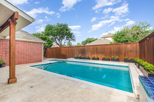 view of pool with a fenced in pool, a fenced backyard, and a patio area