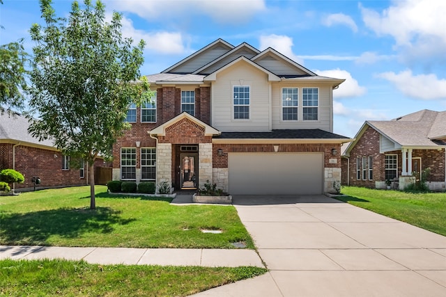 view of front of house with an attached garage, stone siding, a front yard, and concrete driveway