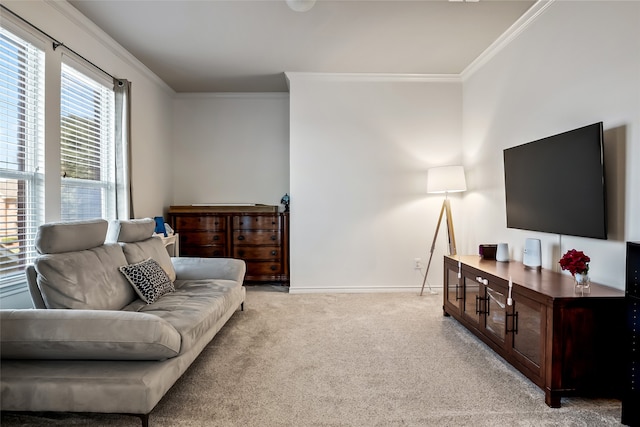 living room with crown molding, baseboards, and light carpet
