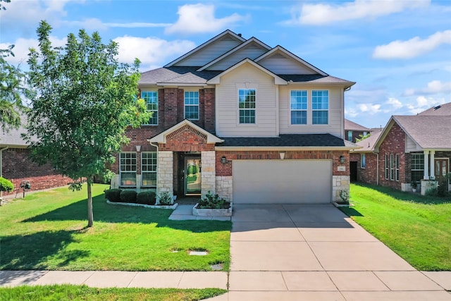 craftsman inspired home with a garage, driveway, a front lawn, and stone siding