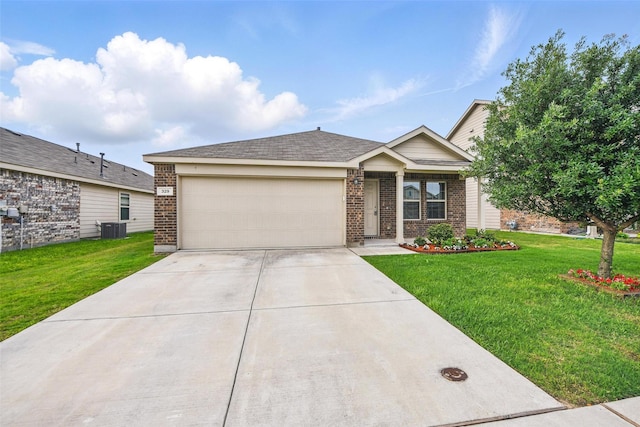 329 Blue Crow Ln, Fort Worth, TX 76052 - ranch-style home with a front yard, brick siding, an attached garage, central air condition unit, and driveway