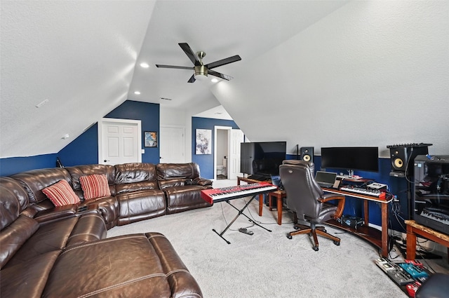 office area with a ceiling fan, carpet, recessed lighting, and lofted ceiling