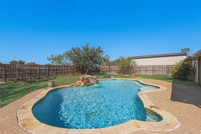 view of pool with a fenced in pool, a yard, and a fenced backyard